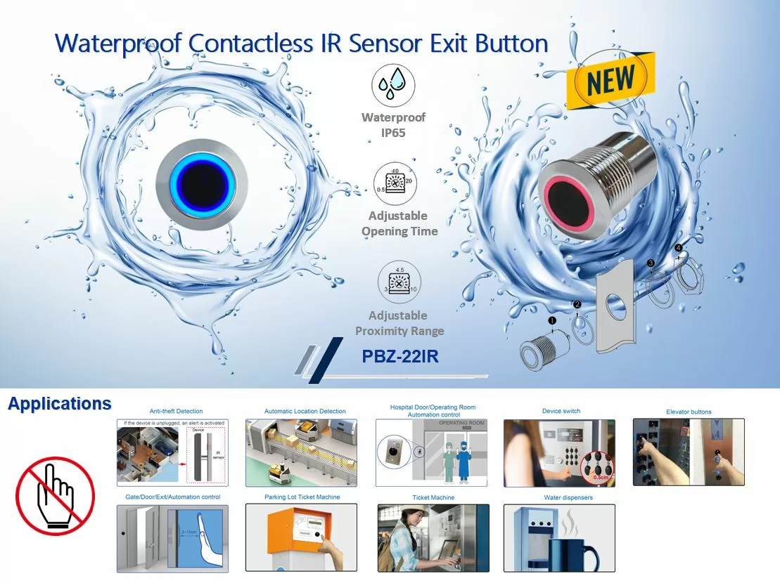 NEW Metal Waterproof Touchless Infrared Sensor Exit Button (PBZ-22IR)